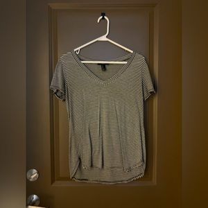 Forever 21 Black and White Striped V Neck Tee, Size S